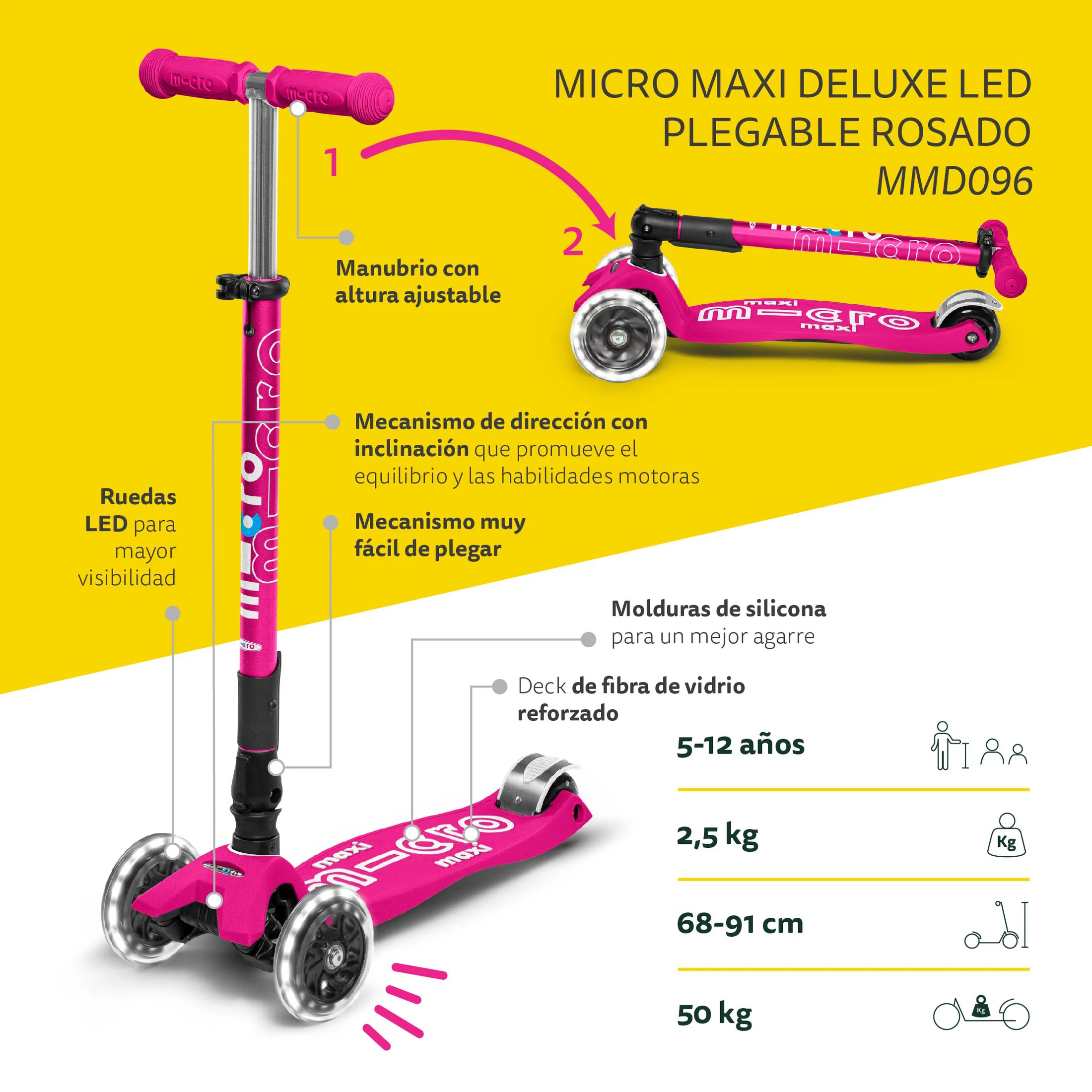 Scooter Infantil Micro Maxi Deluxe Plegable Led Rosado Imagen-1