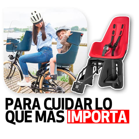 Silla infantil para bicicleta con arnés de seguridad. Madre e hijo paseando en bici. Para cuidar lo que más importa