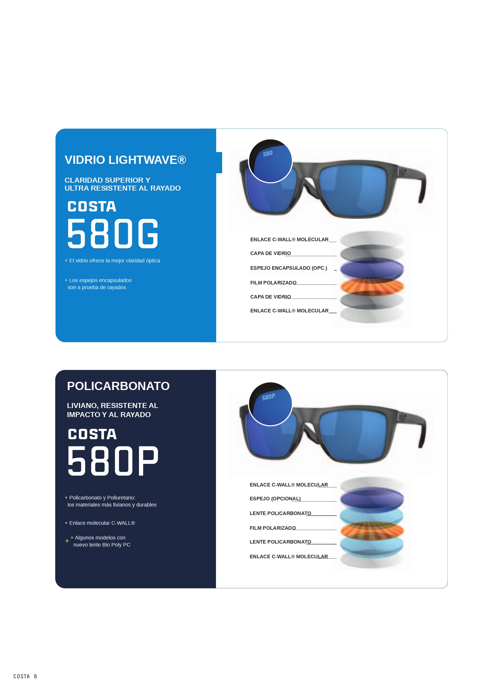 Tecnología lentes Costa del Mar 580G vidrio LightWave y 580P policarbonato — capas y diferencias Chile